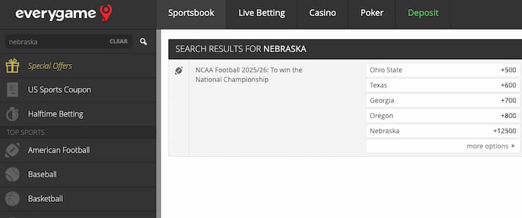 Odds display from Everygame, a major player in Nebraska online sportsbooks.